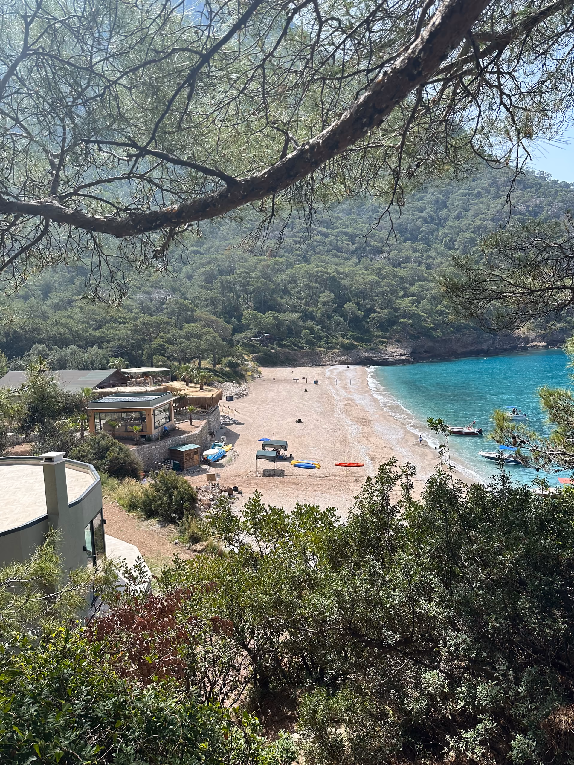 A sheltered turquoise bay and beach beneath pine-covered hills.